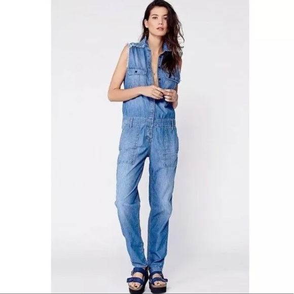 Free People Pants - Free People Etienne Marcel Gunner Distressed Chambray Denim Jumpsuit S